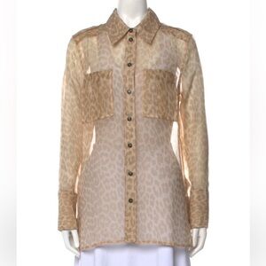 Ganni Organza Leopard Print Sheer Button-Up Blouse